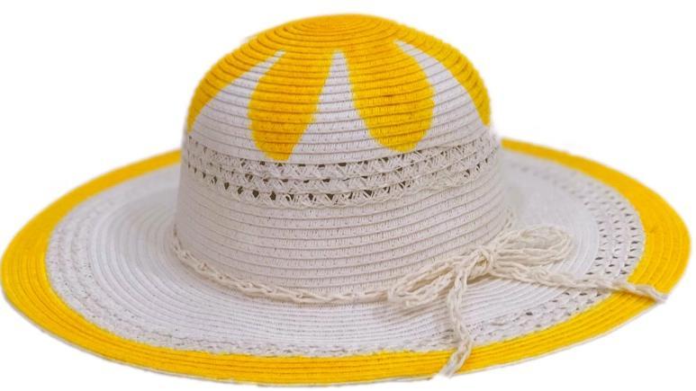 A vibrant yellow Hawaiian flower sun hat, handmade and handpainted, featuring intricate floral designs and a comfortable fit.