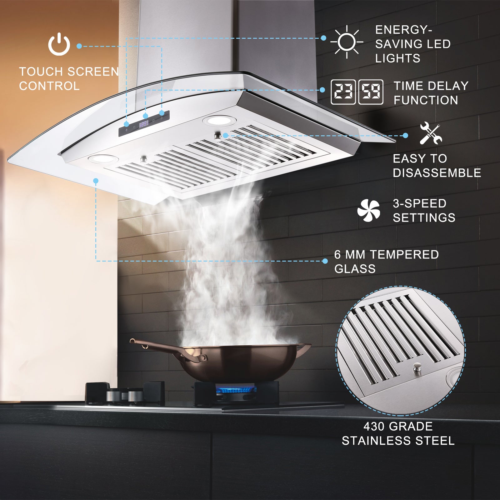 30 inch Wall Mounted Range Hood with tempered glass touch panel and stainless steel body, designed for modern kitchens.