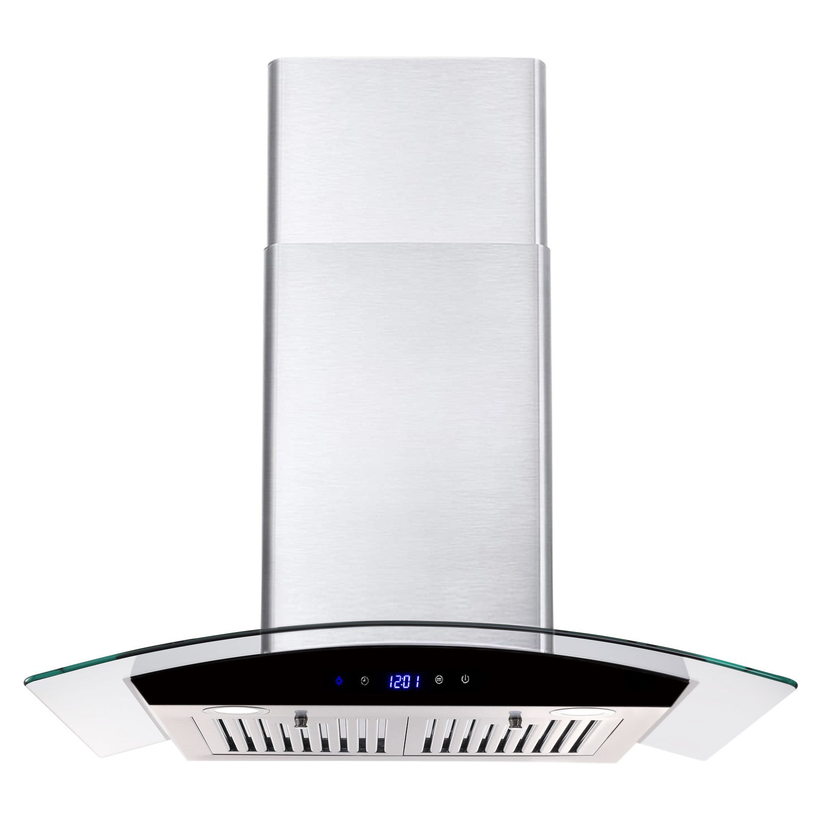 30 inch Wall Mounted Range Hood with tempered glass touch panel and stainless steel body, designed for modern kitchens.