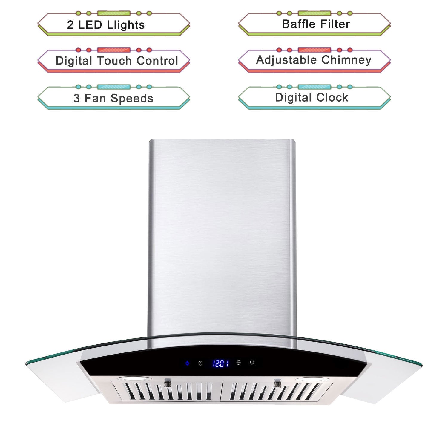 30 inch Wall Mounted Range Hood with tempered glass touch panel and stainless steel body, designed for modern kitchens.