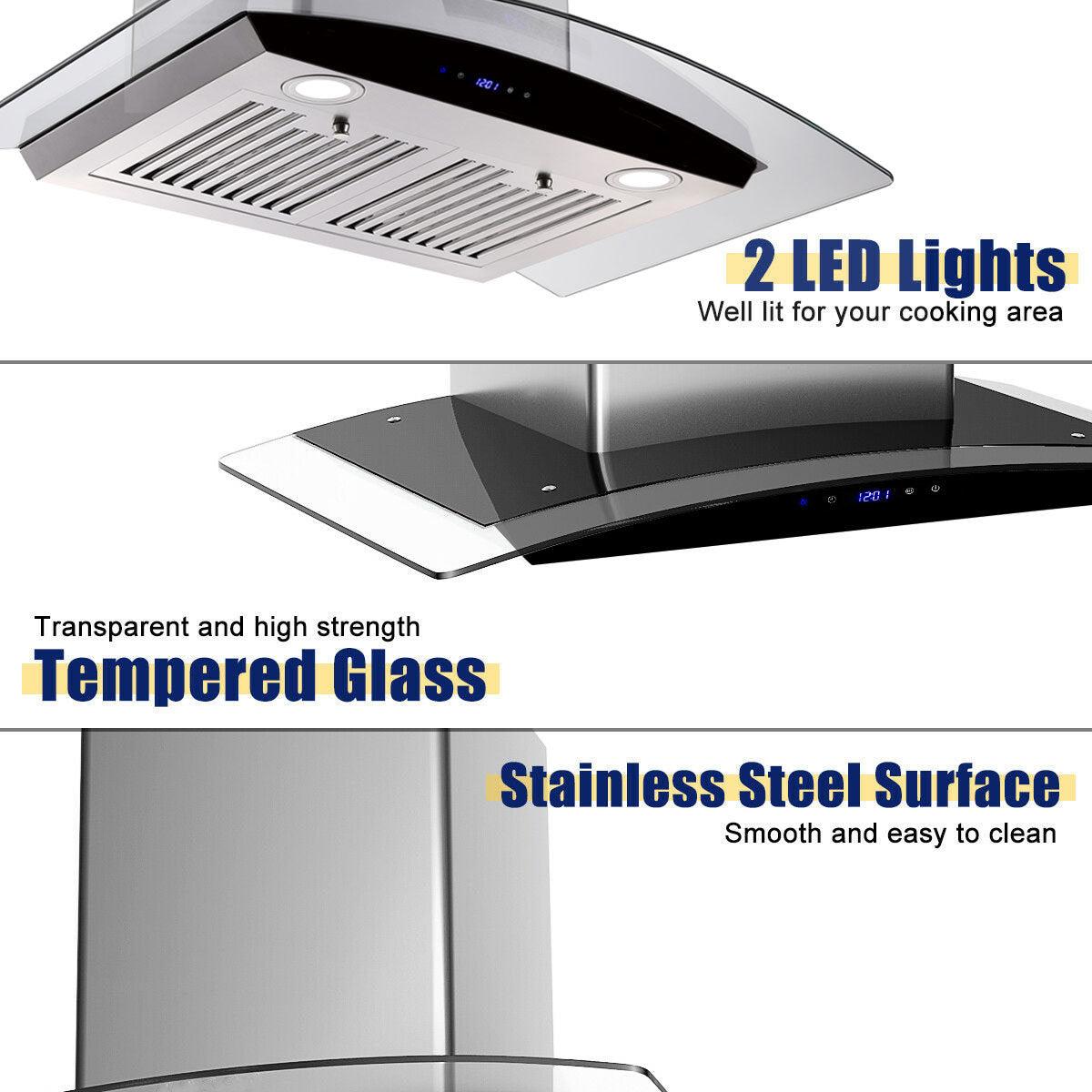 30 inch Wall Mounted Range Hood with tempered glass touch panel and stainless steel body, designed for modern kitchens.