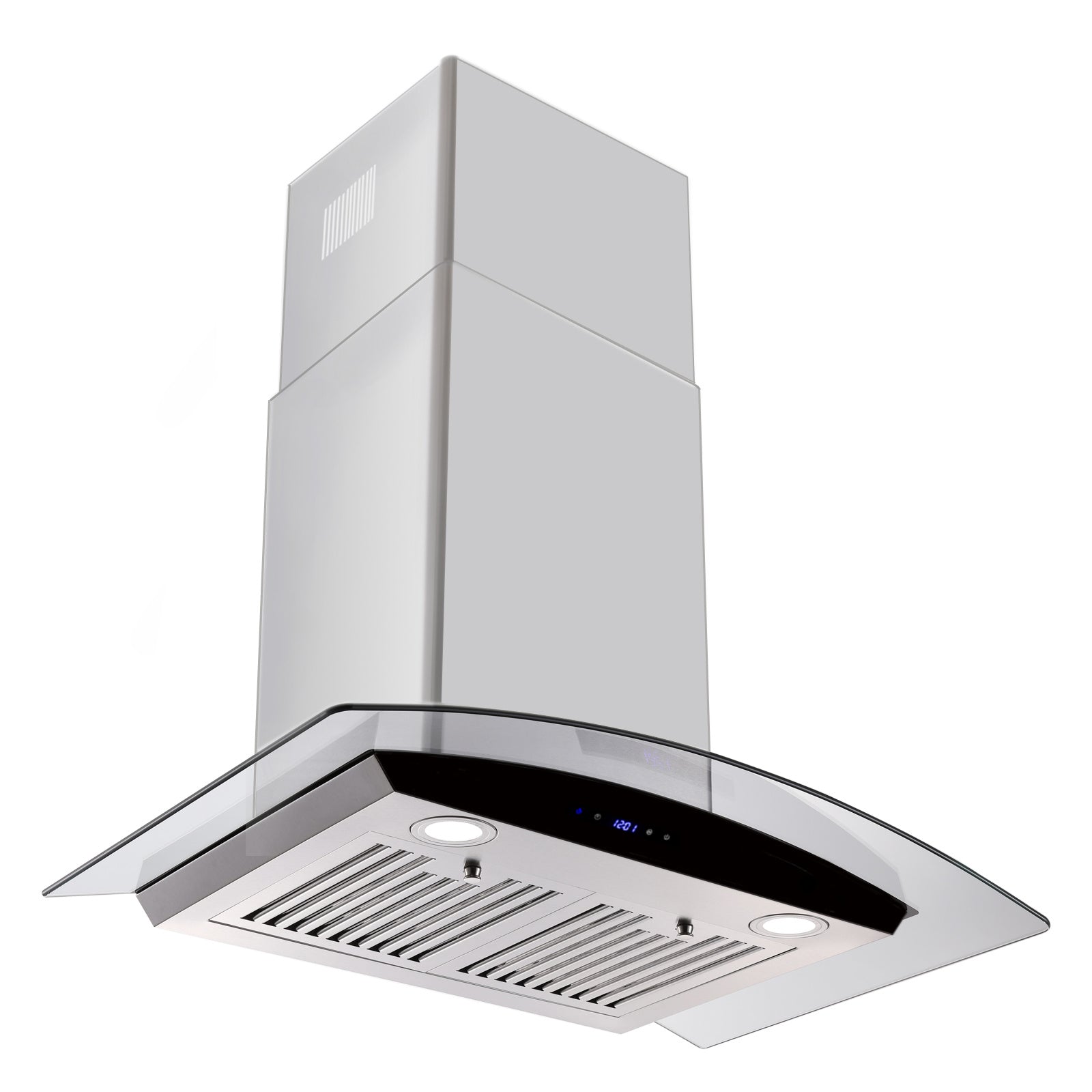 30 inch Wall Mounted Range Hood with tempered glass touch panel and stainless steel body, designed for modern kitchens.