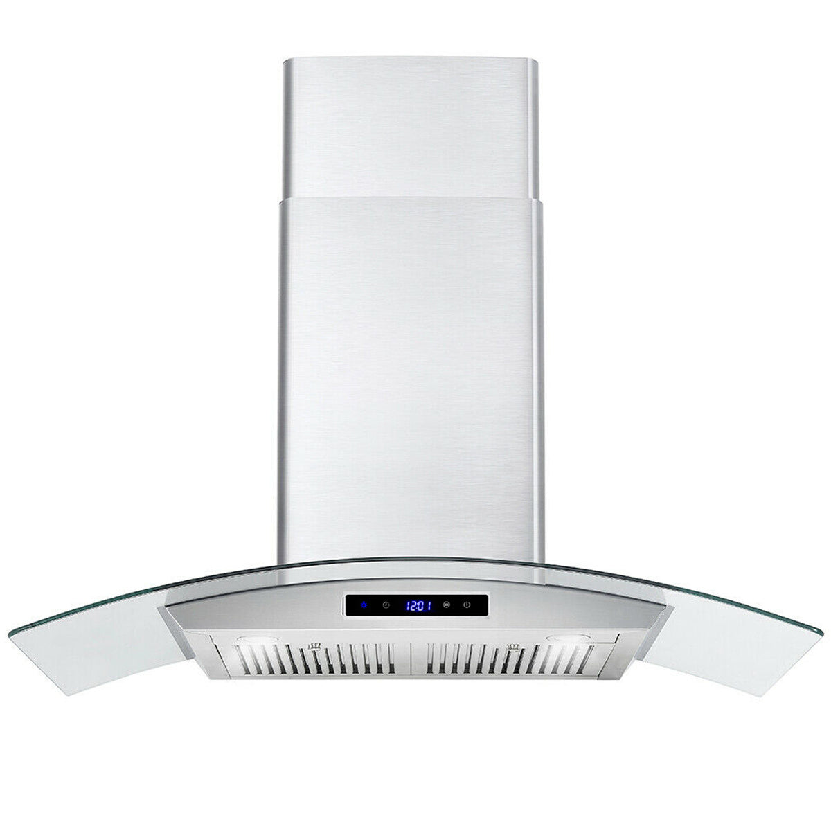 30 inch Wall Mounted Range Hood with tempered glass touch panel and stainless steel body, designed for modern kitchens.