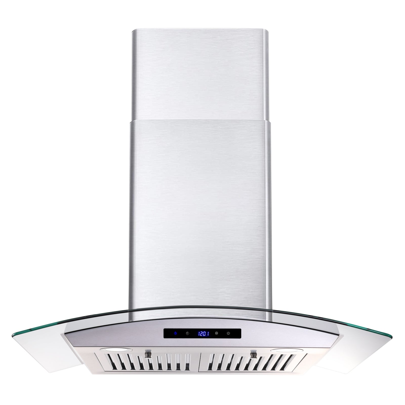 30 inch Wall Mounted Range Hood with tempered glass touch panel and stainless steel body, designed for modern kitchens.