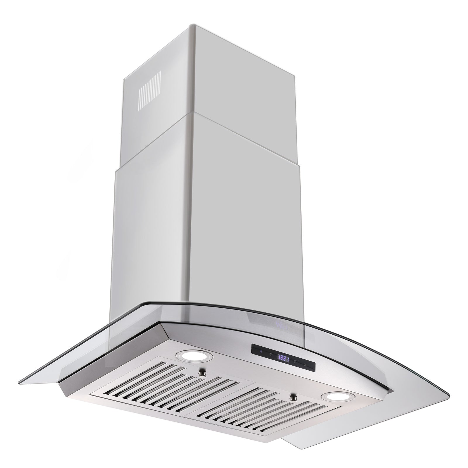 30 inch Wall Mounted Range Hood with tempered glass touch panel and stainless steel body, designed for modern kitchens.