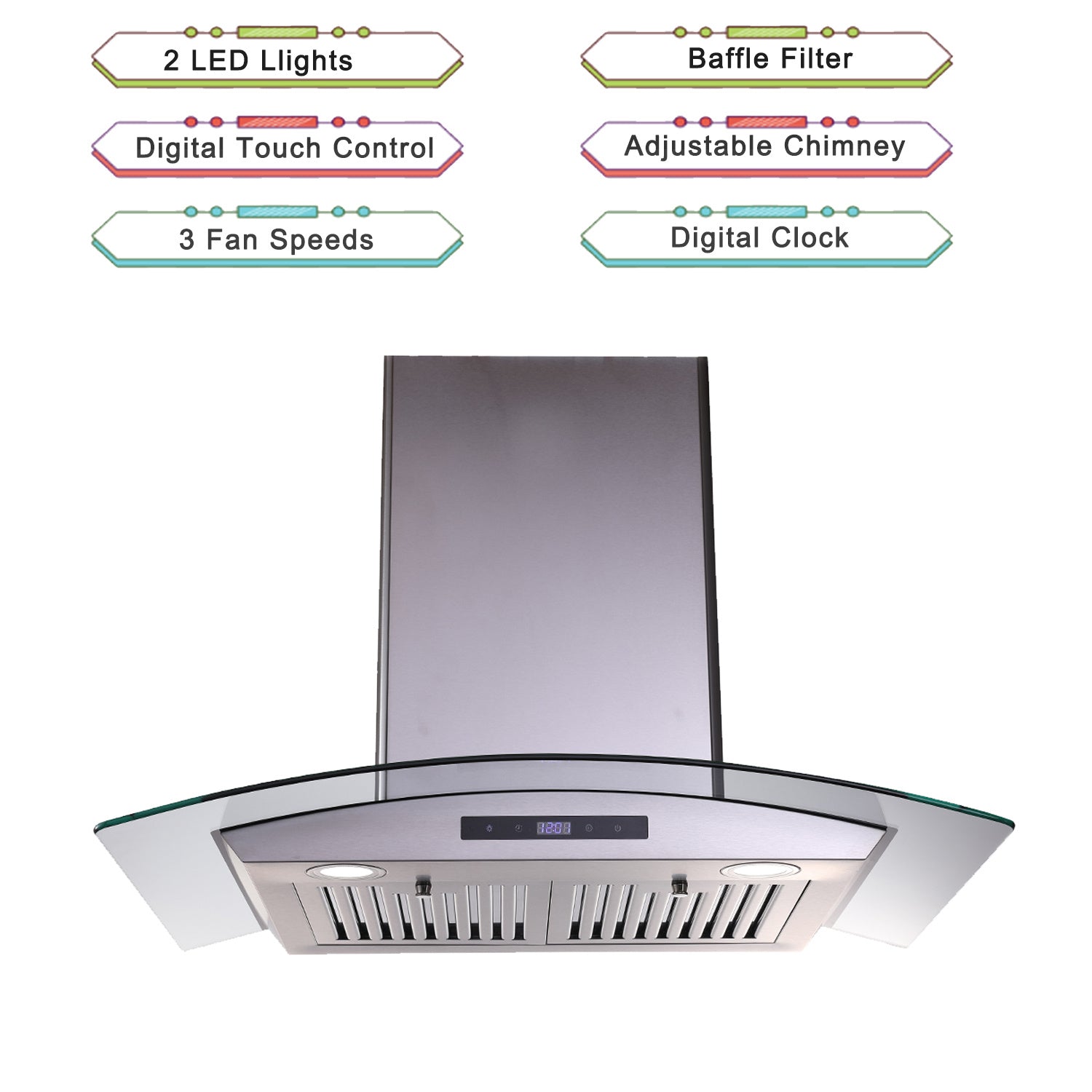 30 inch Wall Mounted Range Hood with tempered glass touch panel and stainless steel body, designed for modern kitchens.