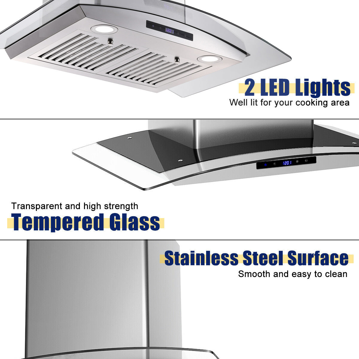 30 inch Wall Mounted Range Hood with tempered glass touch panel and stainless steel body, designed for modern kitchens.