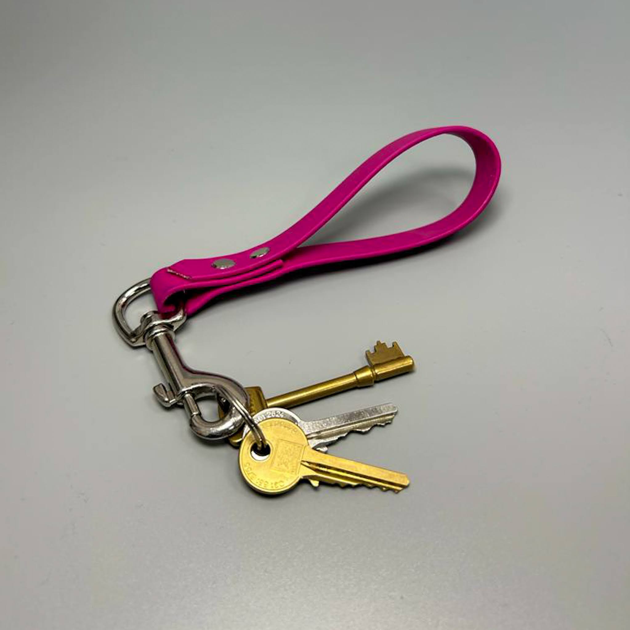 A colorful BioThane key ring designed to match dog collars, showcasing its durable and waterproof material.