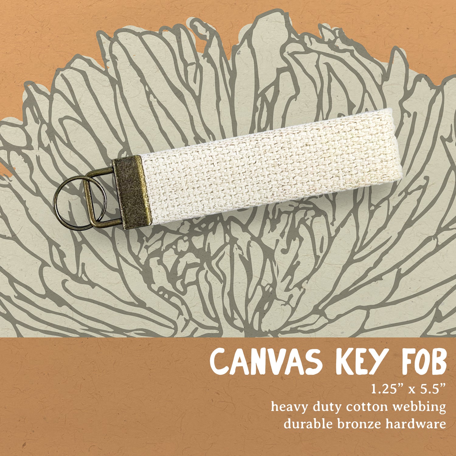 Bonjour Canvas Key Fob featuring heavy duty cotton webbing and durable bronze hardware in a natural color.