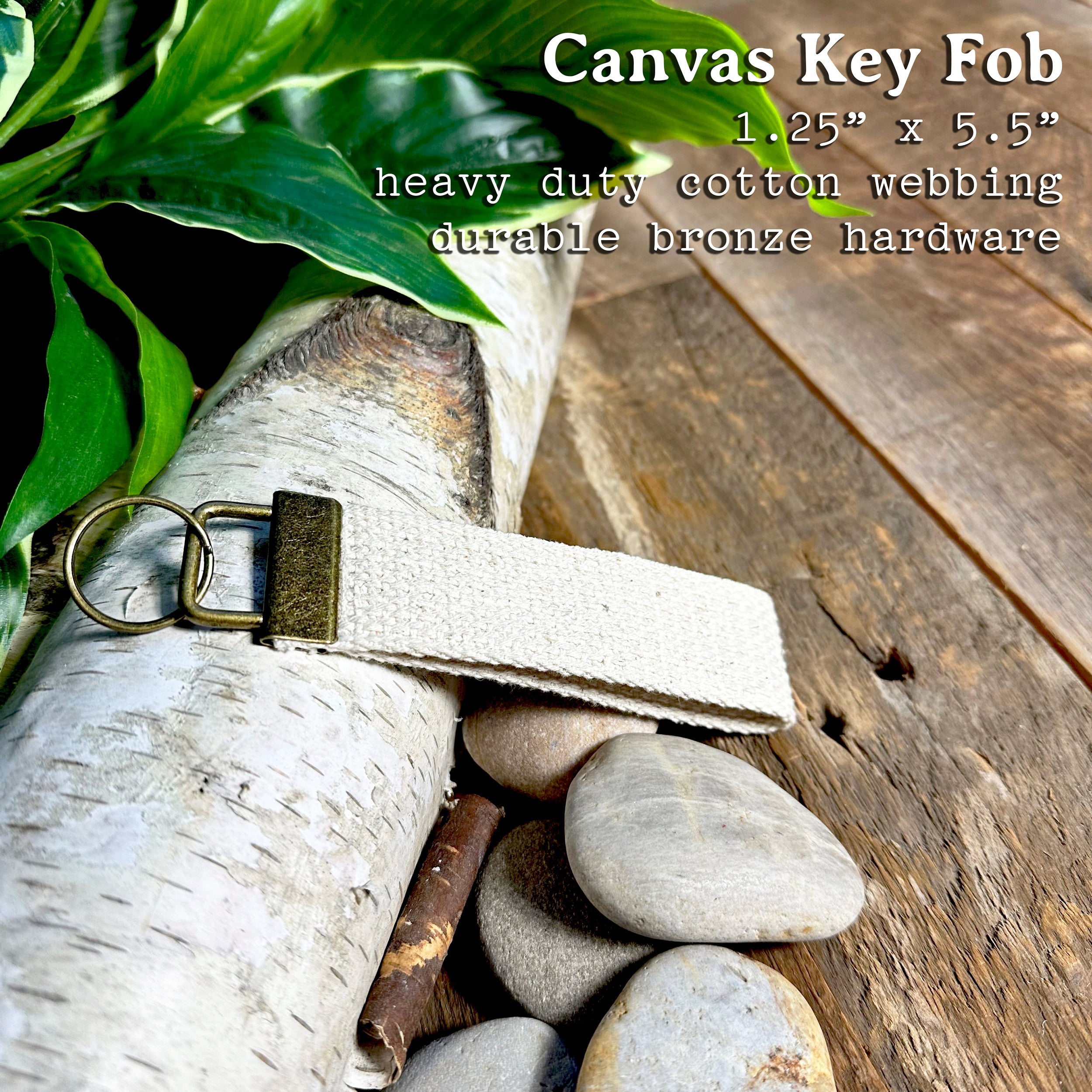 Cabin Key - Canvas Key Fob featuring heavy duty cotton webbing and durable bronze hardware in a natural color.