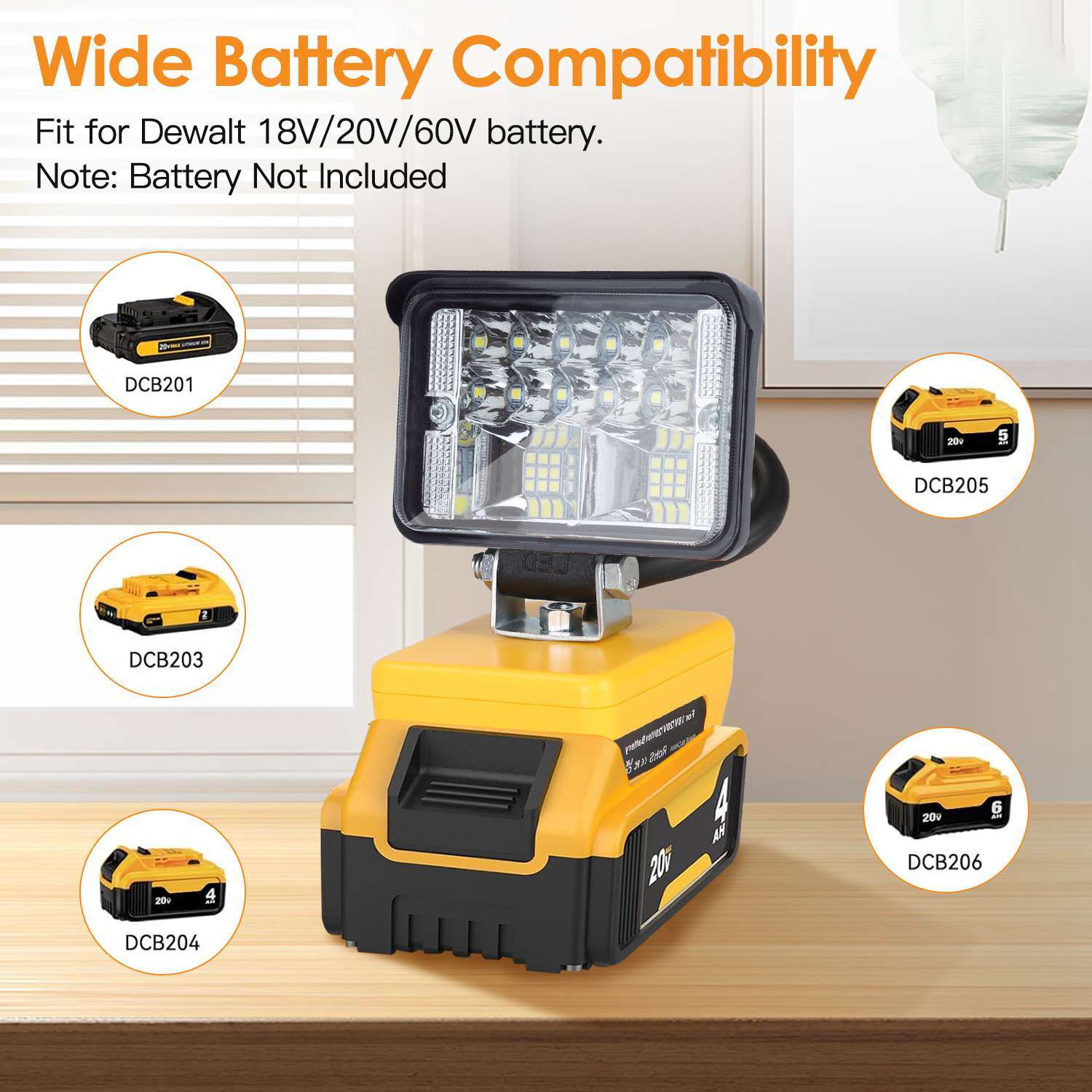 Cordless LED Work Light with adjustable head and dual USB ports, designed for Dewalt 18V, 20V, and 60V batteries.