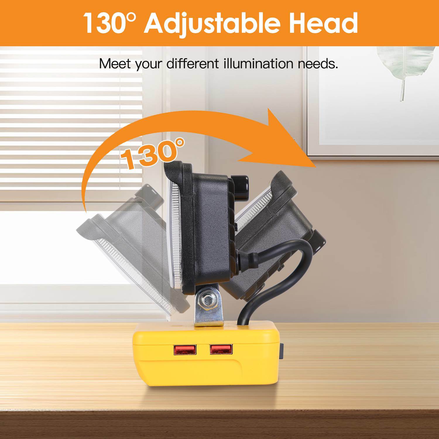 Cordless LED Work Light with adjustable head and dual USB ports, designed for Dewalt 18V, 20V, and 60V batteries.