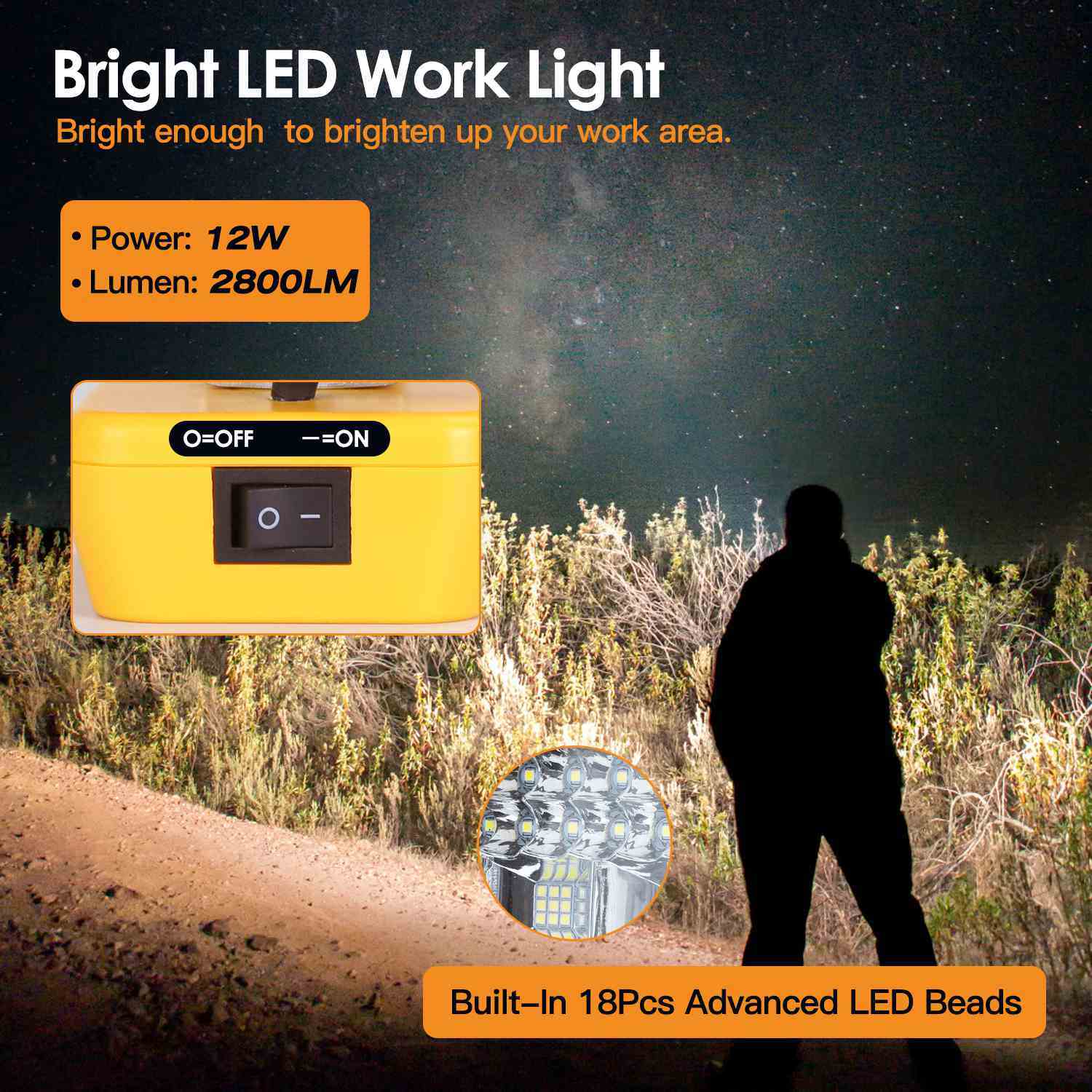 Cordless LED Work Light with adjustable head and dual USB ports, designed for Dewalt 18V, 20V, and 60V batteries.