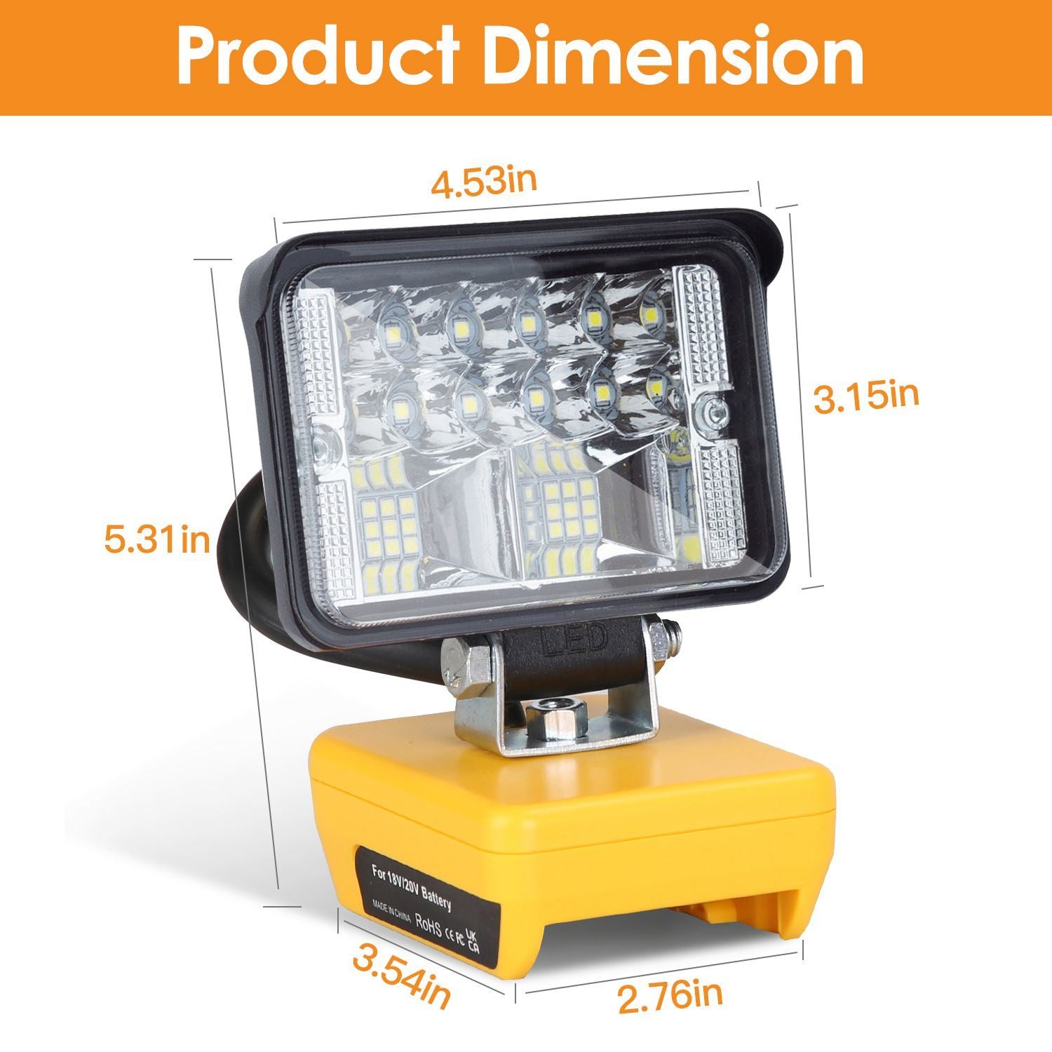 Cordless LED Work Light with adjustable head and dual USB ports, designed for Dewalt 18V, 20V, and 60V batteries.