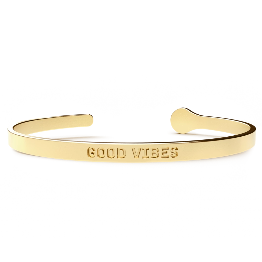 GOOD VIBES bracelet featuring a sleek design in stainless steel with a luxurious 24k gold coating, suitable for various wrist sizes.