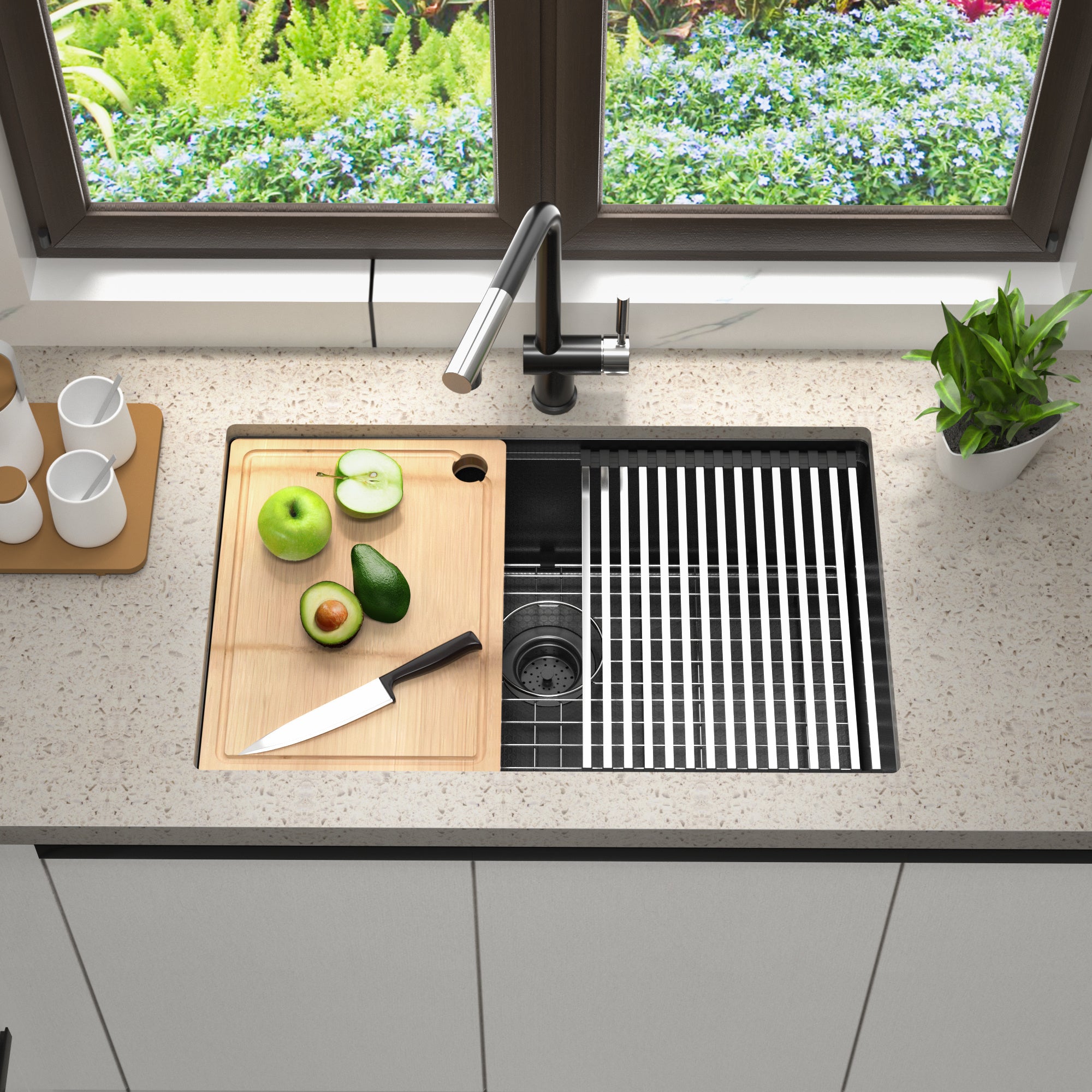 Honeycomb Pattern Nano Coated Workstation Sink made of T304 stainless steel with a unique hexagonal design for easy cleaning.