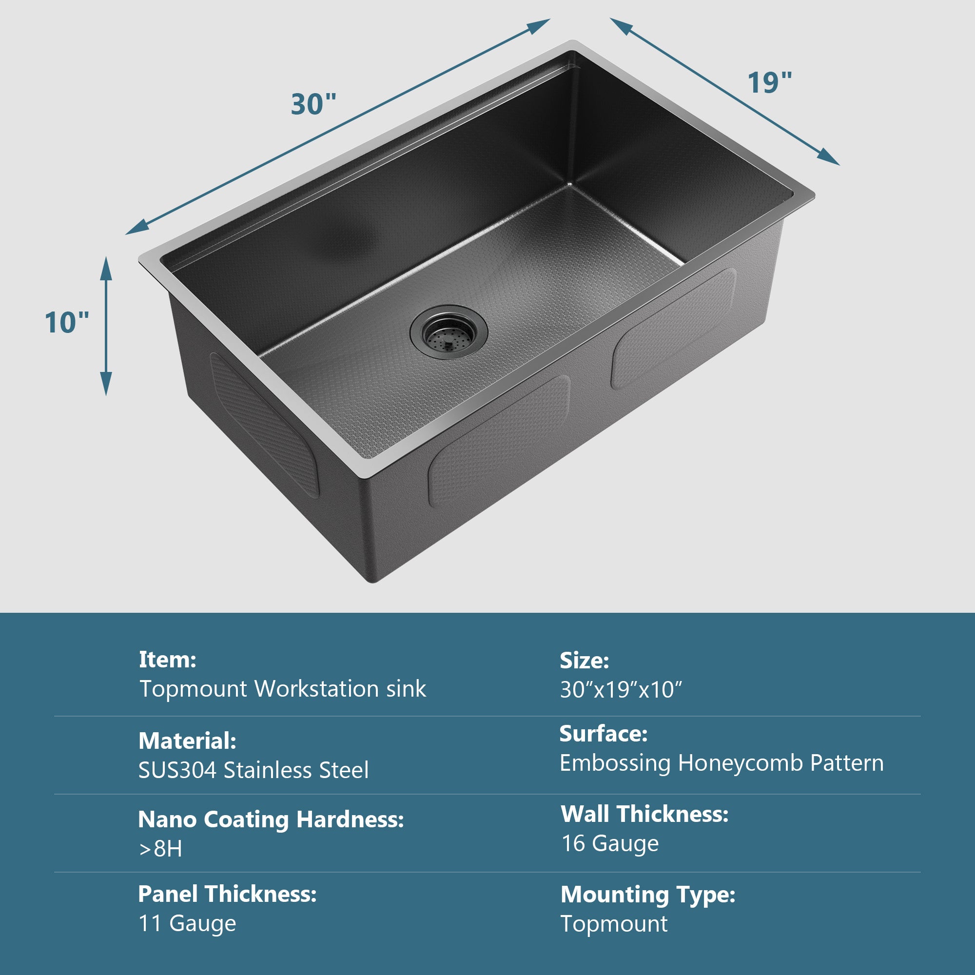 Honeycomb Pattern Nano Coated Workstation Sink made of T304 stainless steel with a unique hexagonal design for easy cleaning.