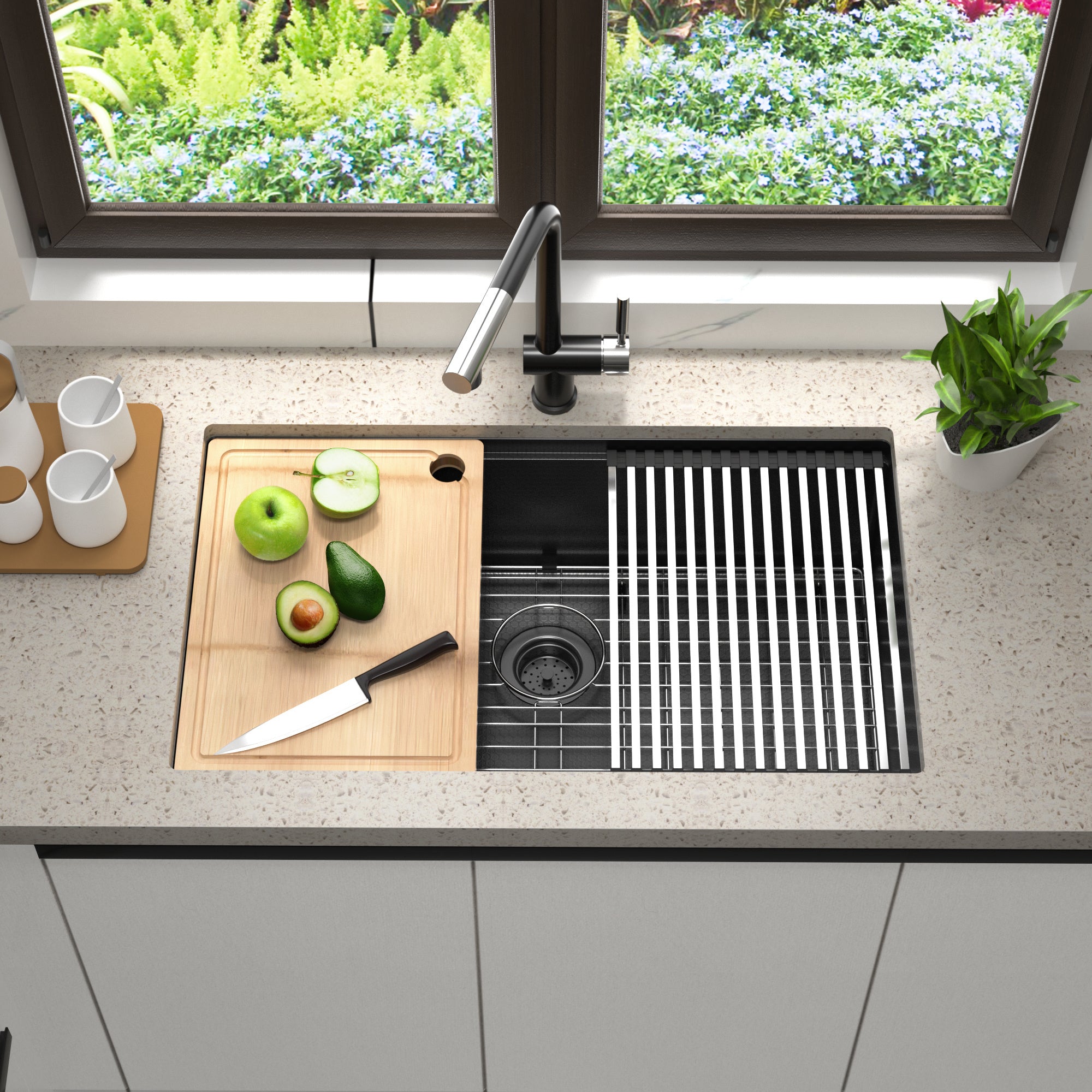 Honeycomb Pattern Nano Coated Workstation Sink made of T304 stainless steel with a unique hexagonal design for easy cleaning.