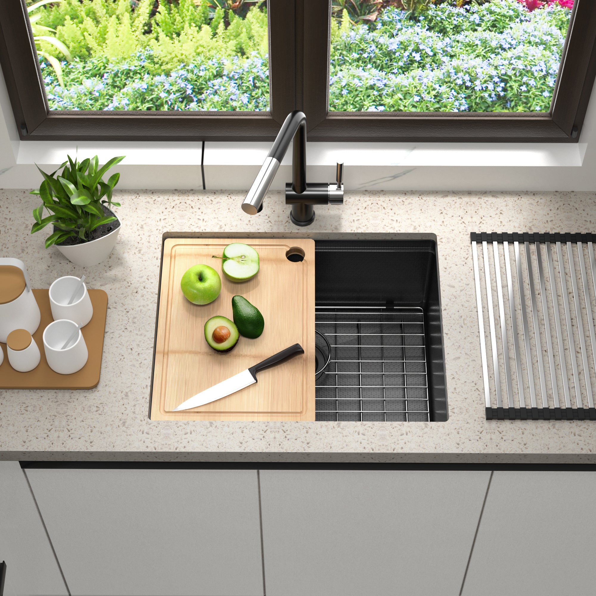 Honeycomb Pattern Nano Coated Workstation Sink made of T304 stainless steel with a unique hexagonal design for easy cleaning.