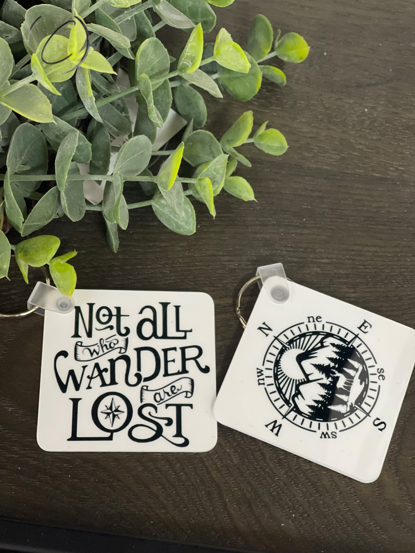 Not All Are Lost Keychain featuring a double-sided design with an inspiring message, made from durable plastic, measuring 2.25 inches by 2.25 inches.