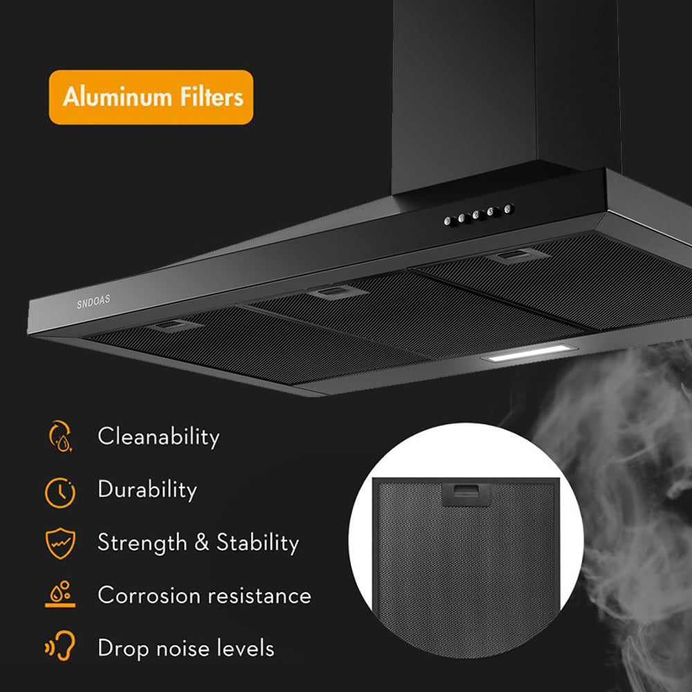 36 inch Black Wall Mount Range Hood in black stainless steel with adjustable chimney covers and LED light.