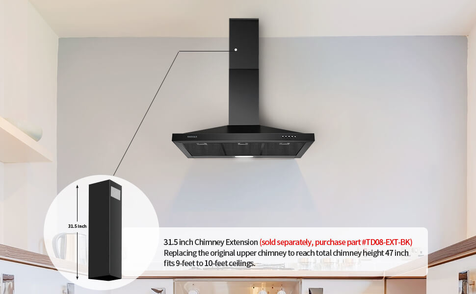 36 inch Black Wall Mount Range Hood in black stainless steel with adjustable chimney covers and LED light.