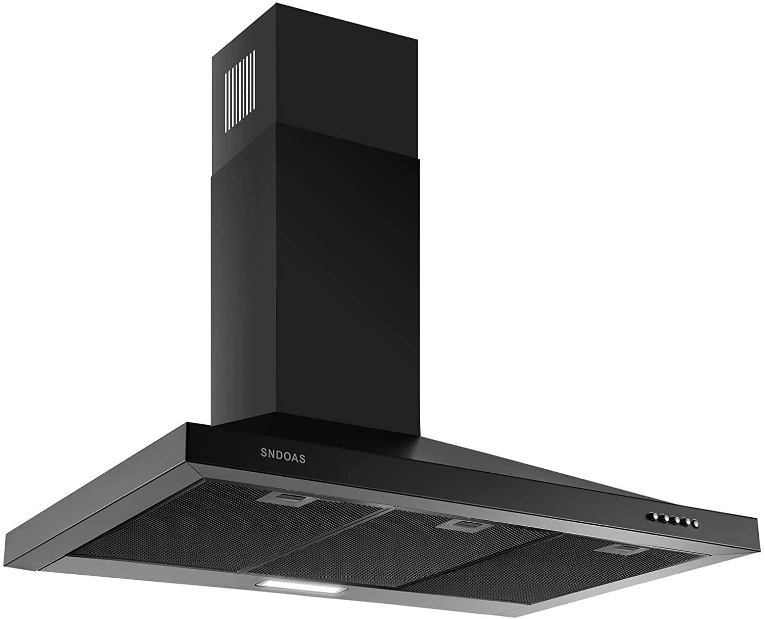 36 inch Black Wall Mount Range Hood in black stainless steel with adjustable chimney covers and LED light.