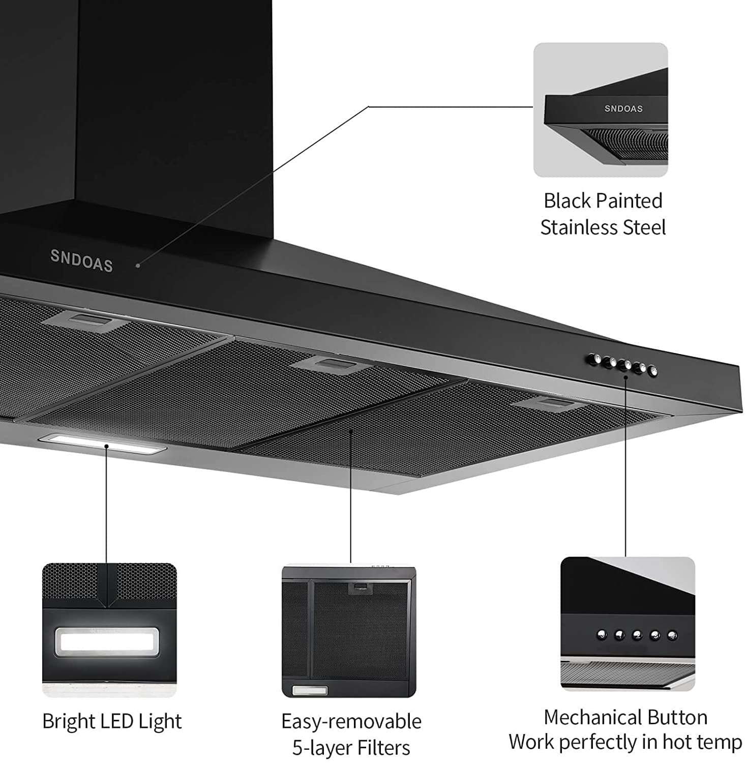 36 inch Black Wall Mount Range Hood in black stainless steel with adjustable chimney covers and LED light.