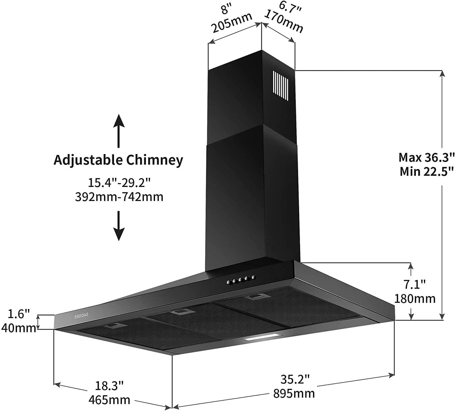 36 inch Black Wall Mount Range Hood in black stainless steel with adjustable chimney covers and LED light.