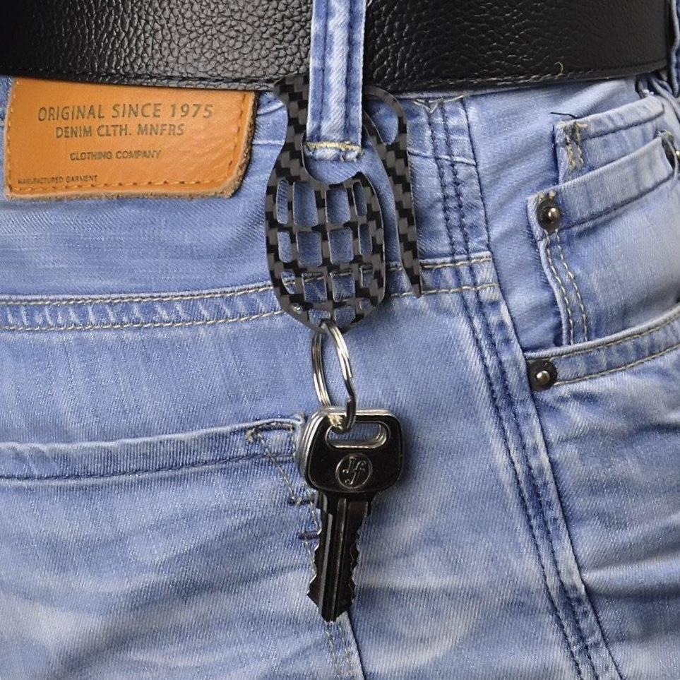 Real Carbon Fiber Grenade Shaped Key Holder with a sleek design, featuring a carabiner loop for easy attachment.