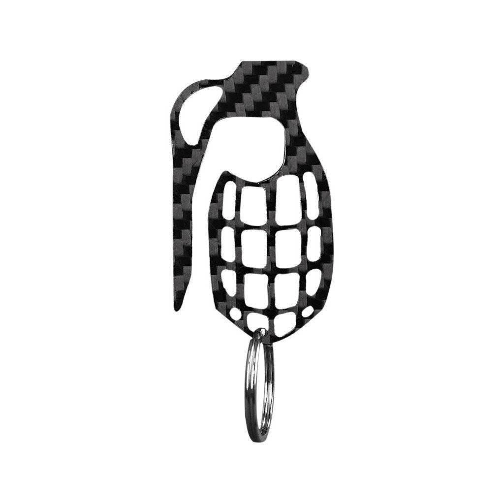 Real Carbon Fiber Grenade Shaped Key Holder with a sleek design, featuring a carabiner loop for easy attachment.