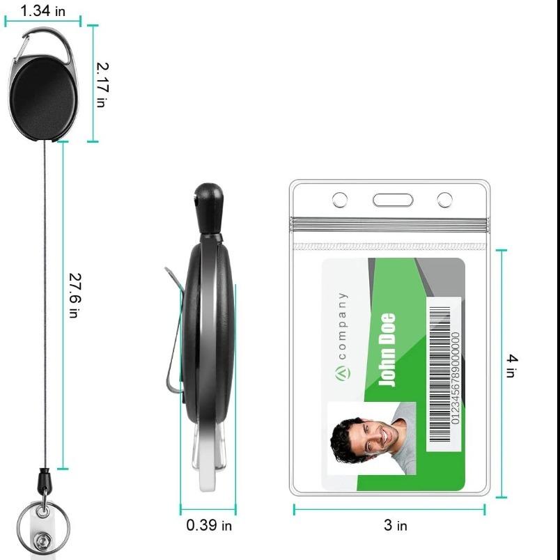 Retractable hoo(key) Keychain Holder with waterproof badge ID card holder, featuring a chromed metal housing and carabiner clip for easy attachment.