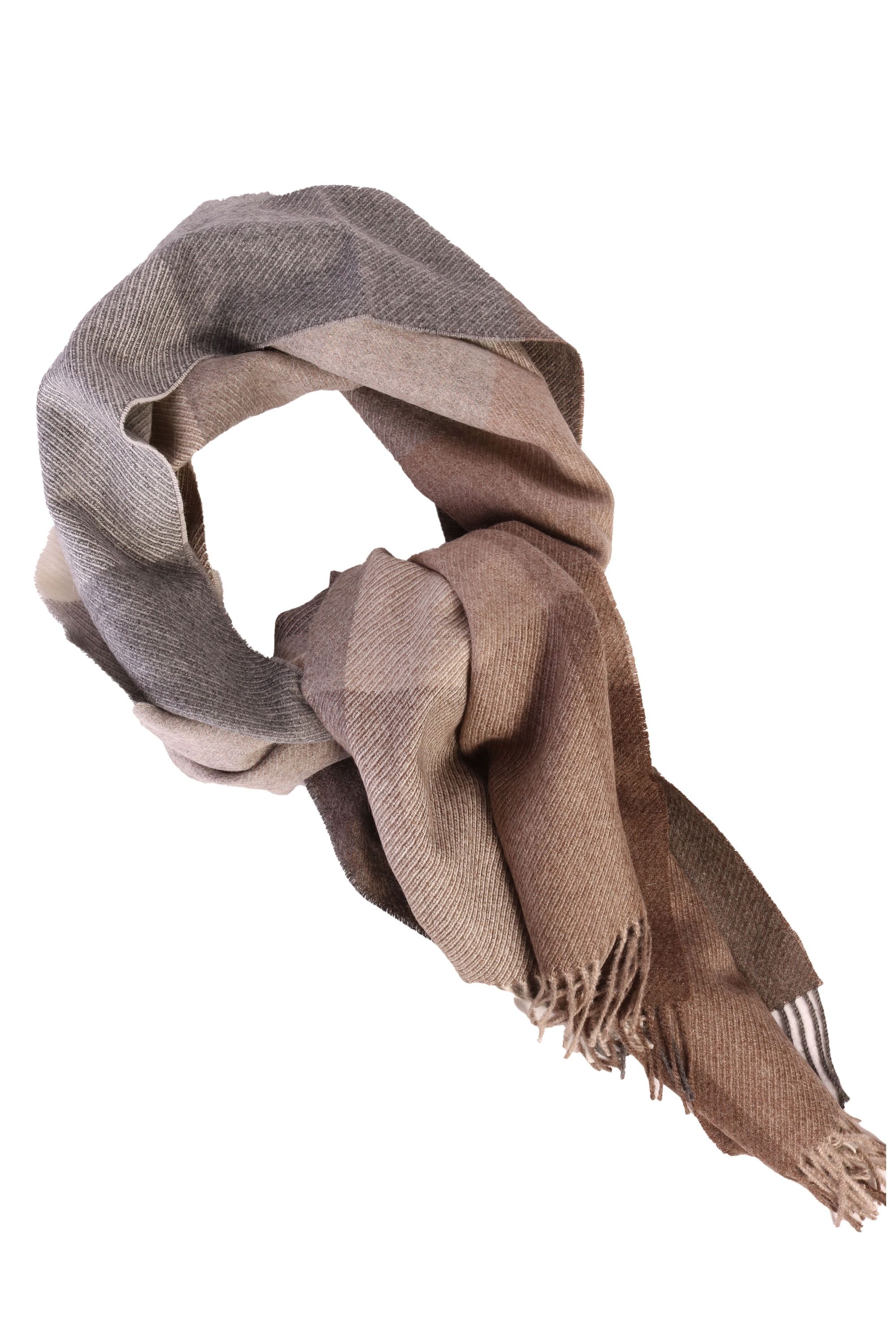 Luxurious beige-grey checked big scarf made from 100% alpaca wool, showcasing its soft texture and elegant design.