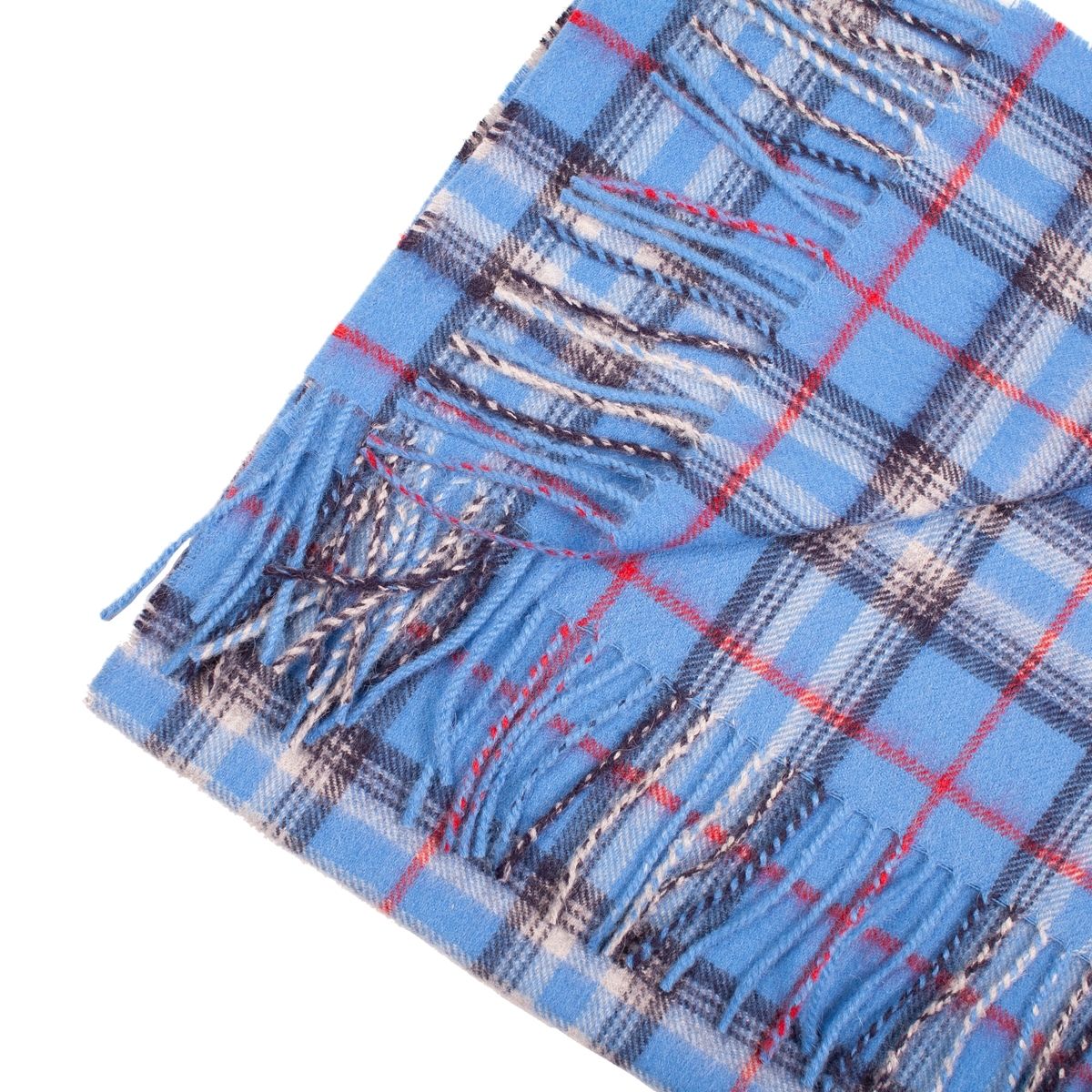 Luxurious blue checkered scarf made from 100% baby alpaca wool, showcasing its soft texture and elegant design.