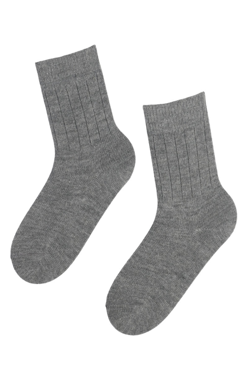 A pair of dark grey rib patterned socks made from soft alpaca wool, showcasing their elegant design and texture.