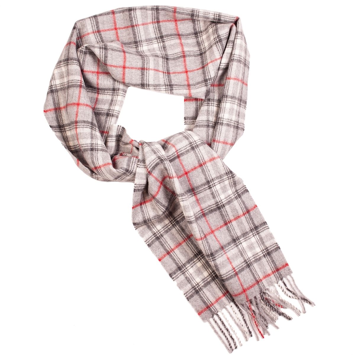 Luxurious grey checkered scarf made from 100% baby alpaca wool, showcasing its soft texture and elegant design.