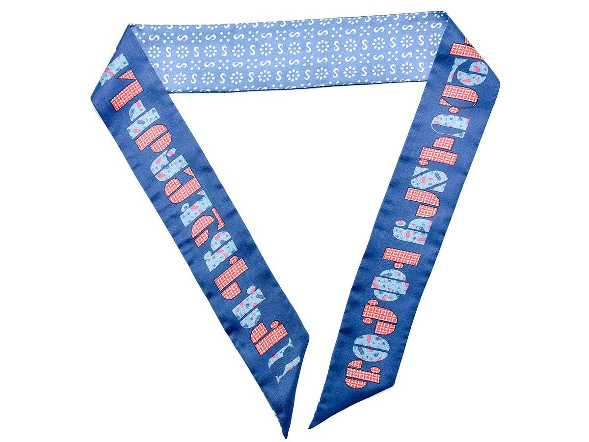 Armenian Alphabet Blue narrow scarf made of silk twill, featuring historic Bible cover design and ornamental patterns, elegantly displayed in a gift box.