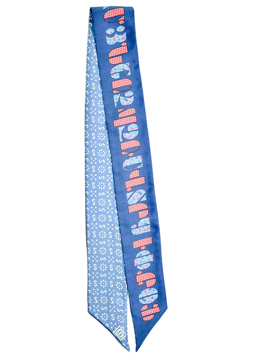 Armenian Alphabet Blue narrow scarf made of silk twill, featuring historic Bible cover design and ornamental patterns, elegantly displayed in a gift box.