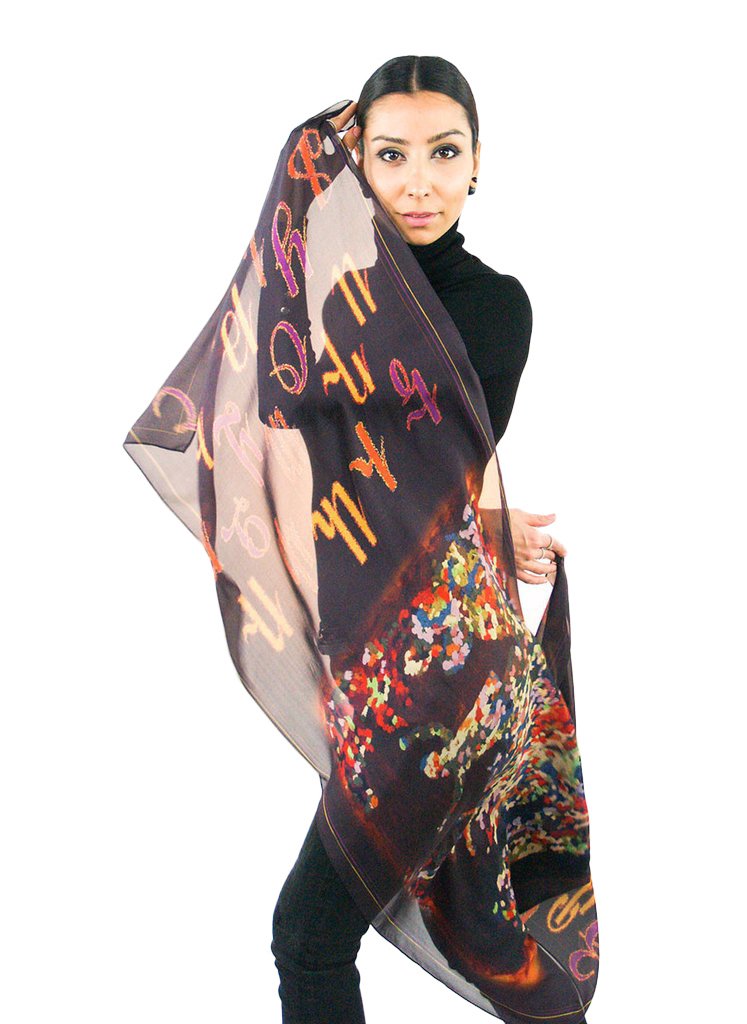 Armenian Alphabet Scarf #1 featuring silk chiffon material with dancing girls and Armenian letters design.