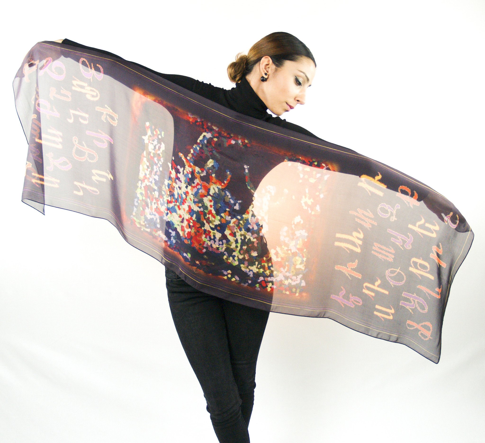 Armenian Alphabet Scarf #1 featuring silk chiffon material with dancing girls and Armenian letters design.