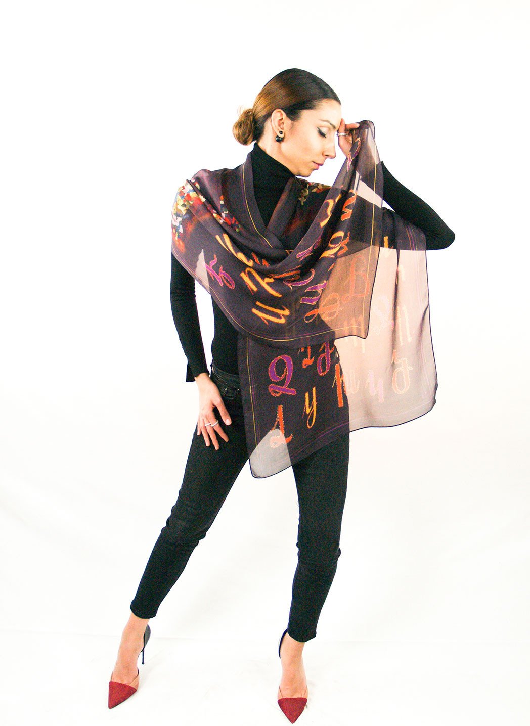 Armenian Alphabet Scarf #1 featuring silk chiffon material with dancing girls and Armenian letters design.