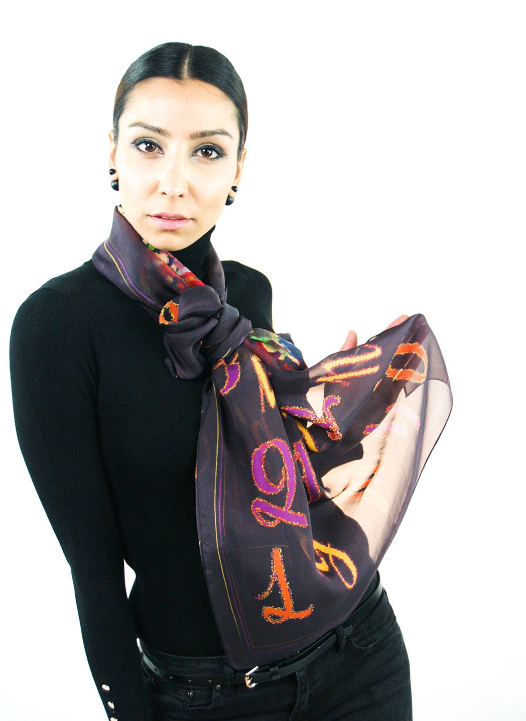 Armenian Alphabet Scarf #1 featuring silk chiffon material with dancing girls and Armenian letters design.