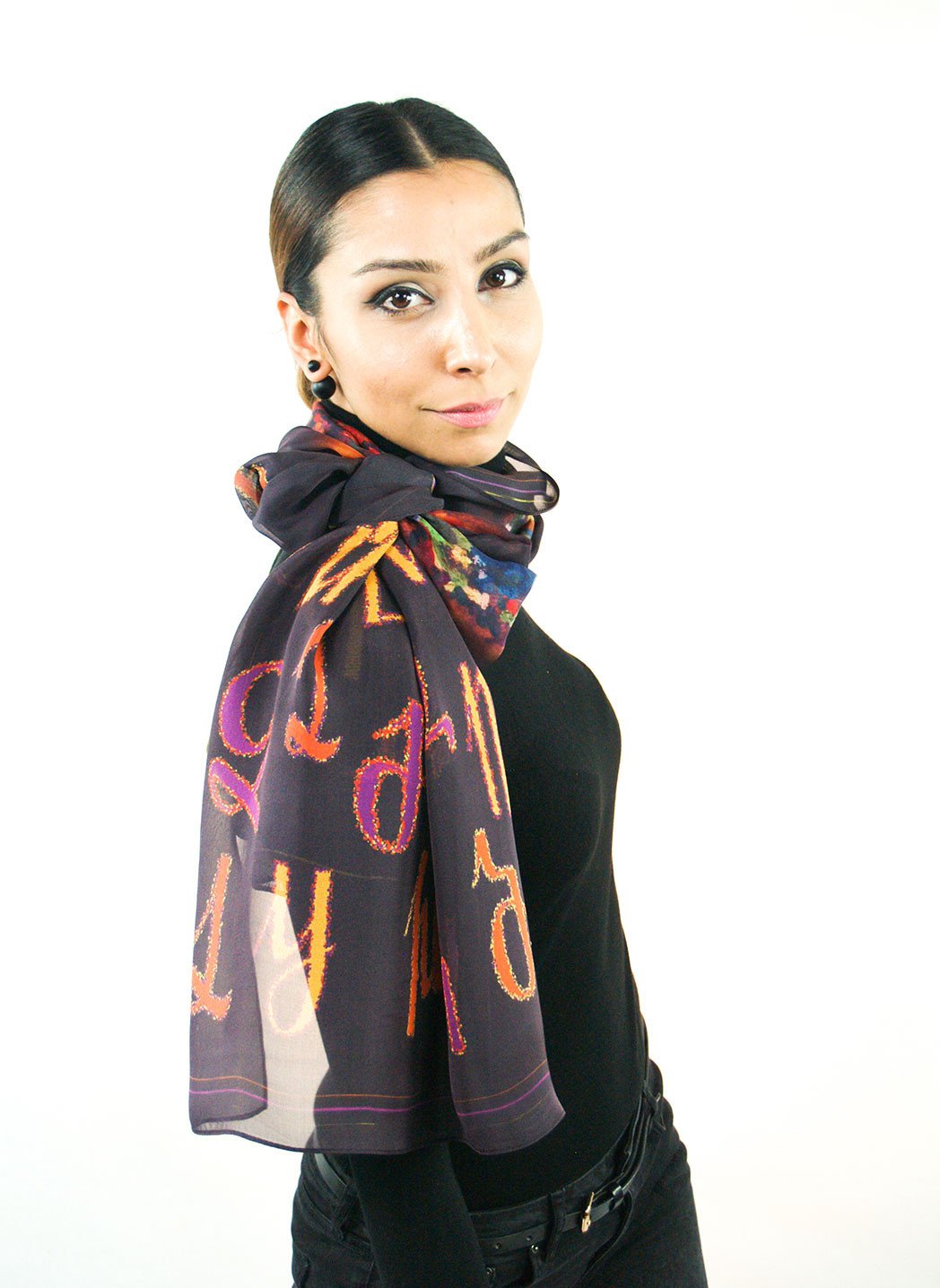 Armenian Alphabet Scarf #1 featuring silk chiffon material with dancing girls and Armenian letters design.