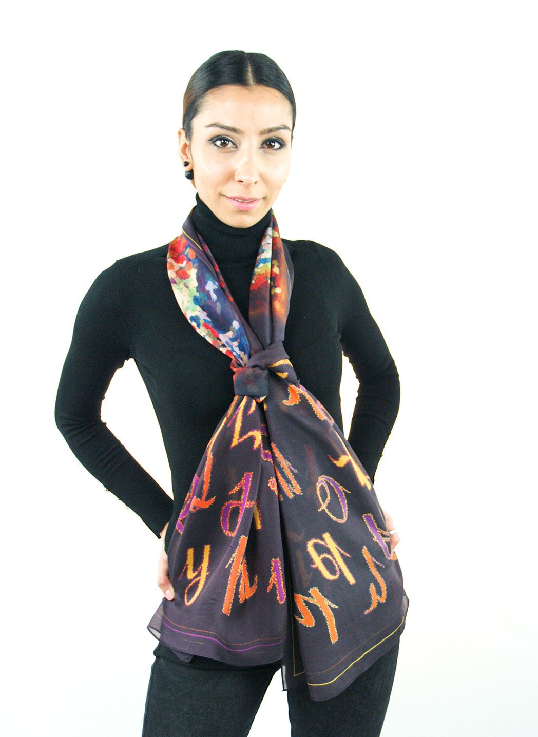 Armenian Alphabet Scarf #1 featuring silk chiffon material with dancing girls and Armenian letters design.