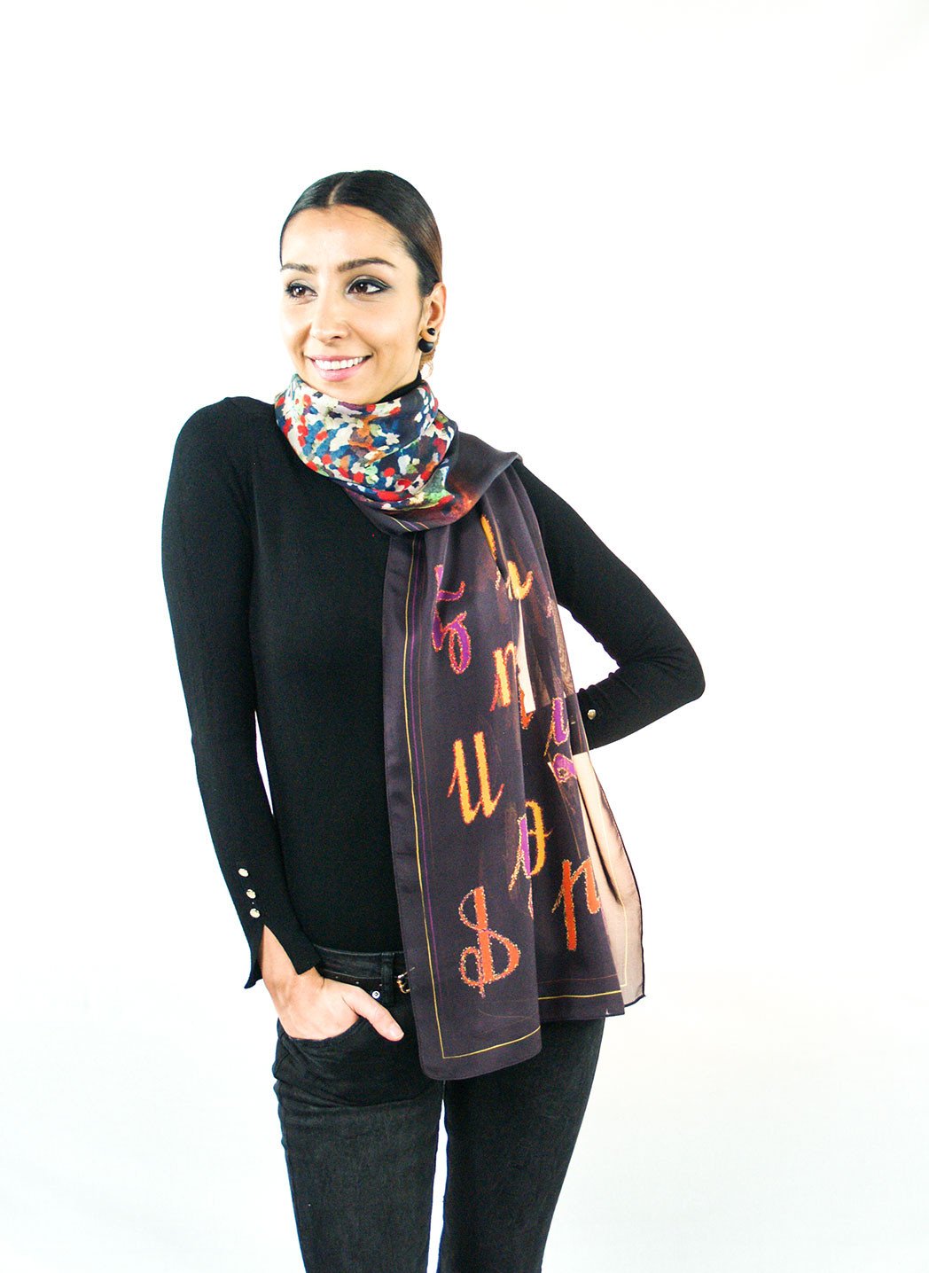 Armenian Alphabet Scarf #1 featuring silk chiffon material with dancing girls and Armenian letters design.