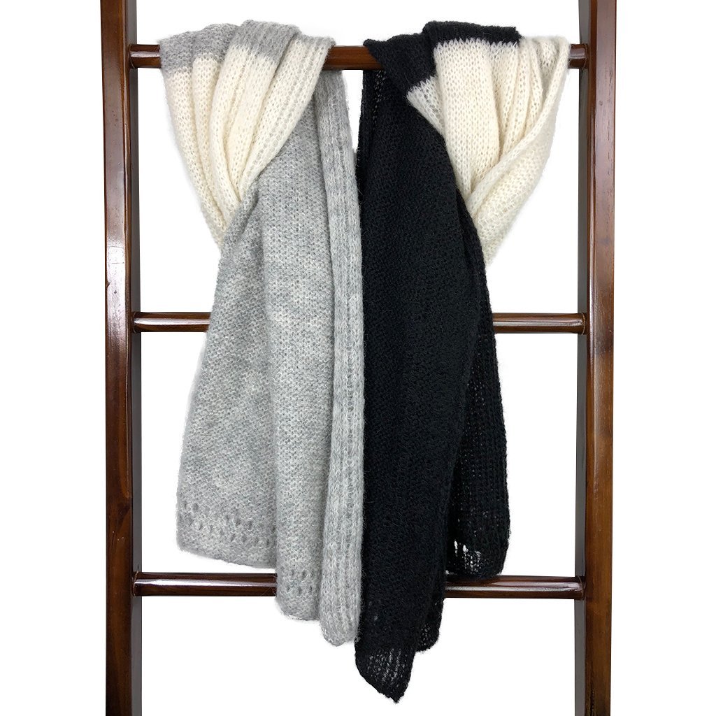 A luxurious Color Block Alpaca Wrap Scarf featuring a delicate eyelet design, showcasing shades of black, gray, and snow, perfect for layering.