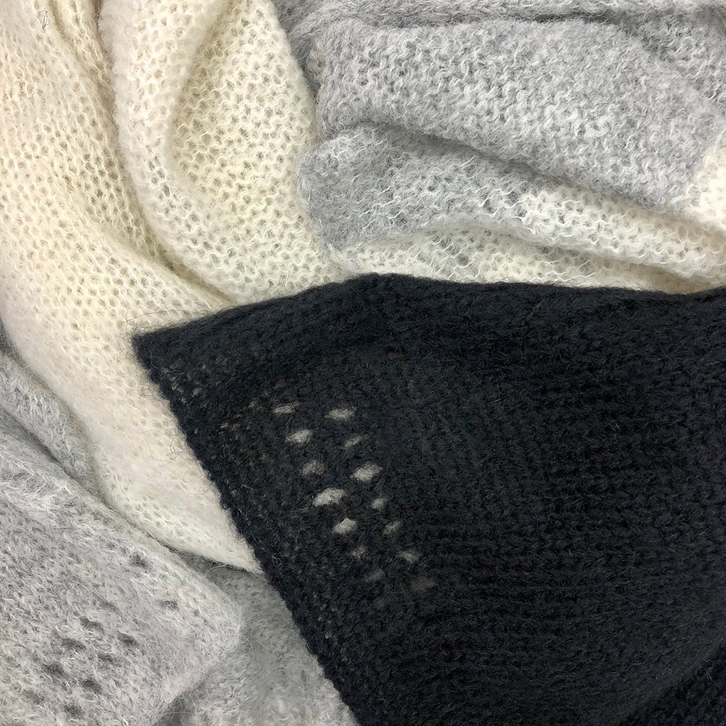 A luxurious Color Block Alpaca Wrap Scarf featuring a delicate eyelet design, showcasing shades of black, gray, and snow, perfect for layering.