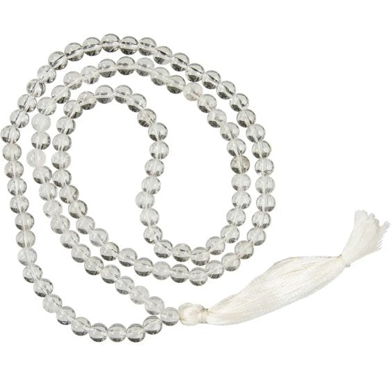 Crystal Mala featuring 108 beads, designed for meditation and spiritual practices, showcasing clear quartz beads and a sumeru bead.