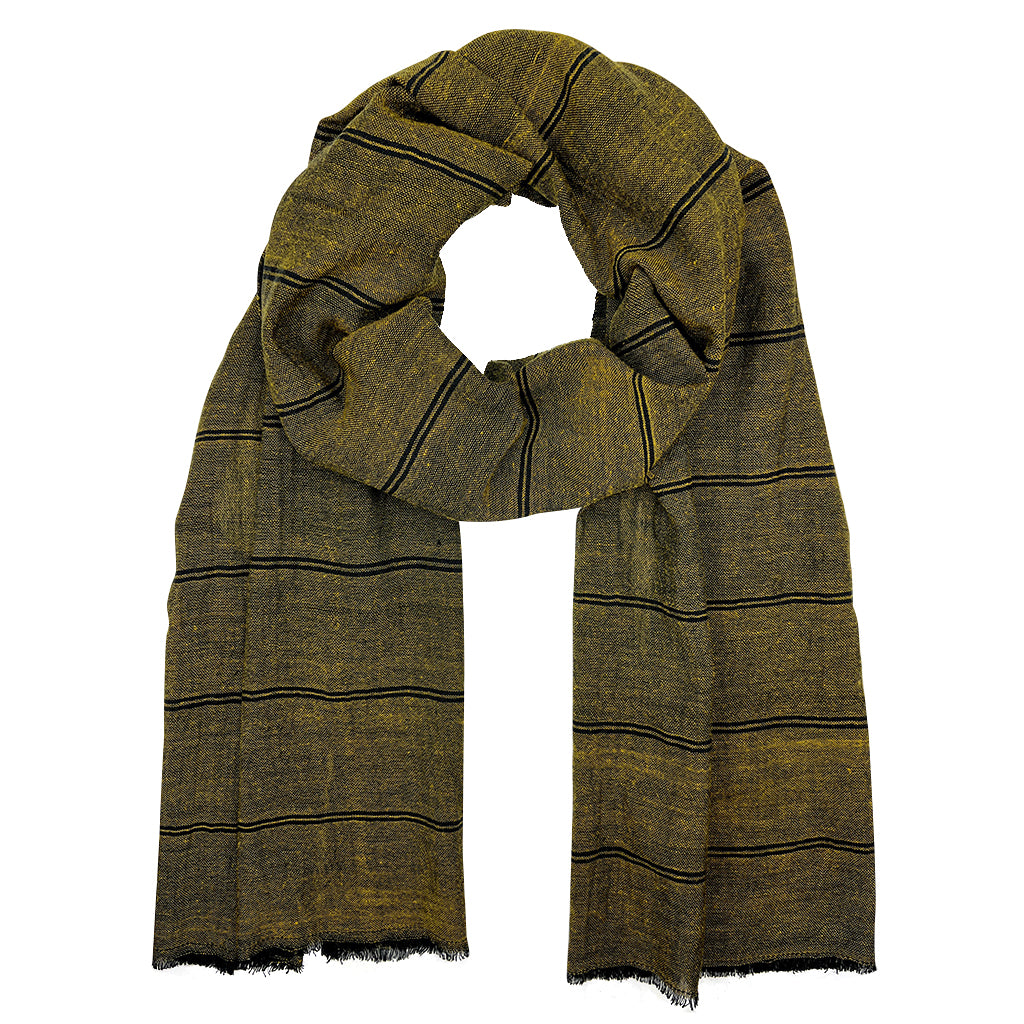 Handwoven Earthy Striped Scarf showcasing rich colors and eyelash fringe edges, perfect for men and women.