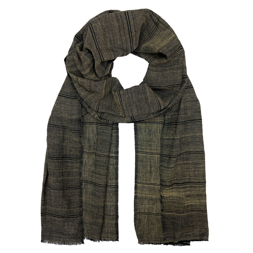 Handwoven Earthy Striped Scarf showcasing rich colors and eyelash fringe edges, perfect for men and women.